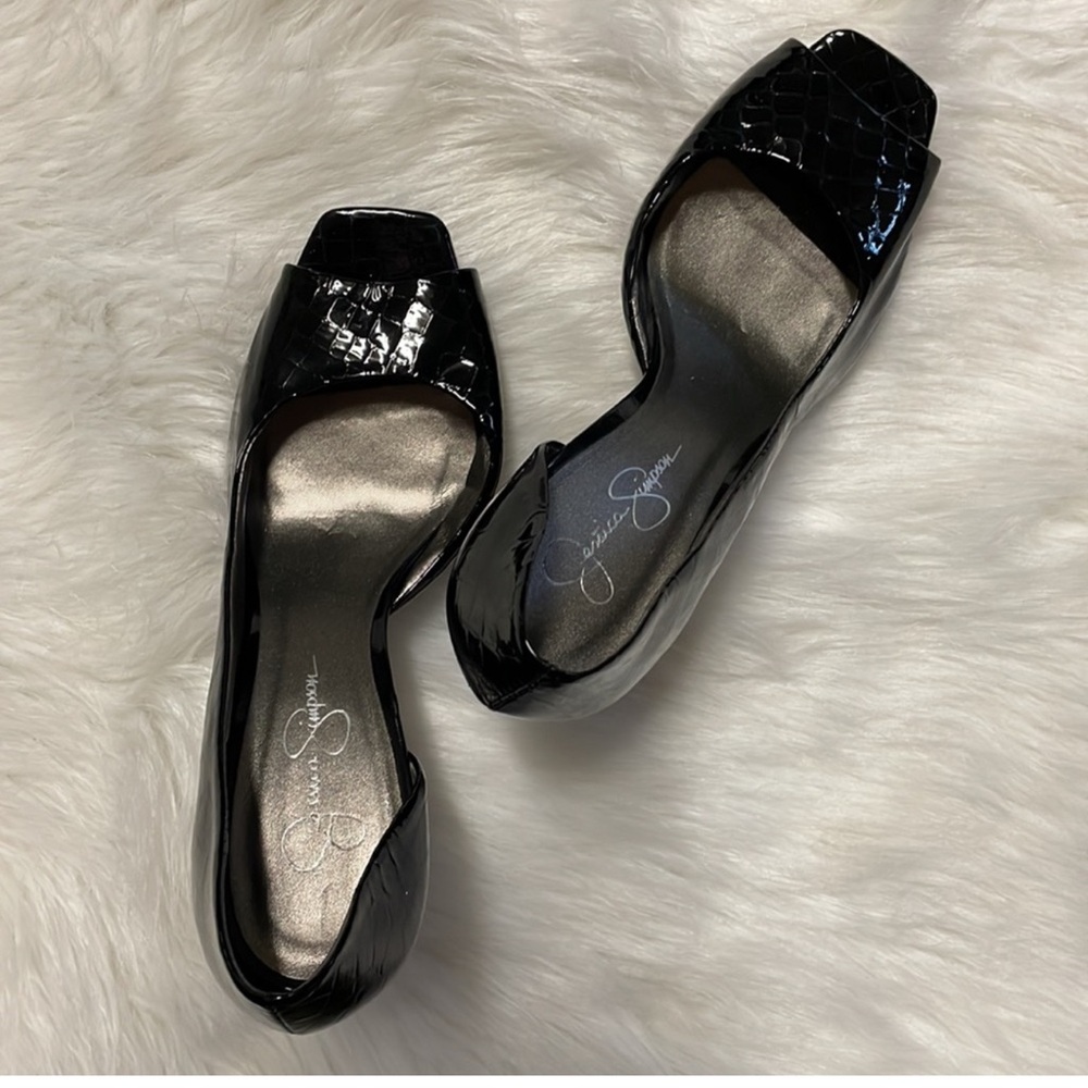 JESSICA SIMPSON Black Leather Upper Square Toe Platform Peep Toe Heels Shoe 8.5